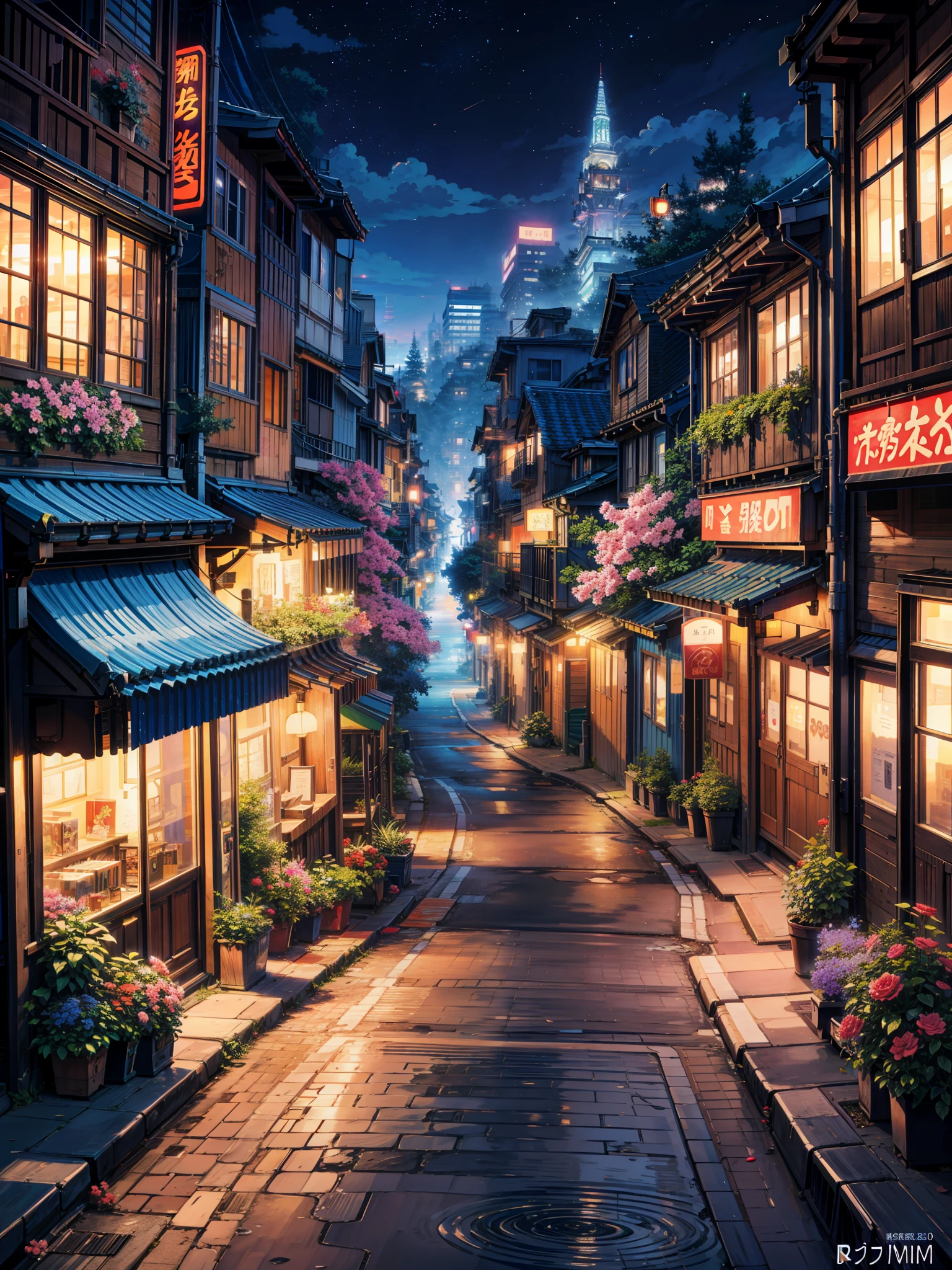 a painting of a city street at night, anime background art, flowers, ross tran. flowery tree, scenic background, anime scenery, anime movie background, hd anime cityscape, anime landscape, anime style cityscape, colorful anime movie background, anime landscape wallpaper, nightime village background, kinkade, beautiful cityscape background, by Evgeny Lushpin, city + graffiti background, anime nature wallpaper, 4k hd,, beautiful art uhd 4 k, a beautiful artwork illustration, beautiful digital painting, highly detailed digital painting, beautiful digital artwork, detailed painting 4 k, very detailed digital painting, rich picturesque colors, gorgeous digital painting