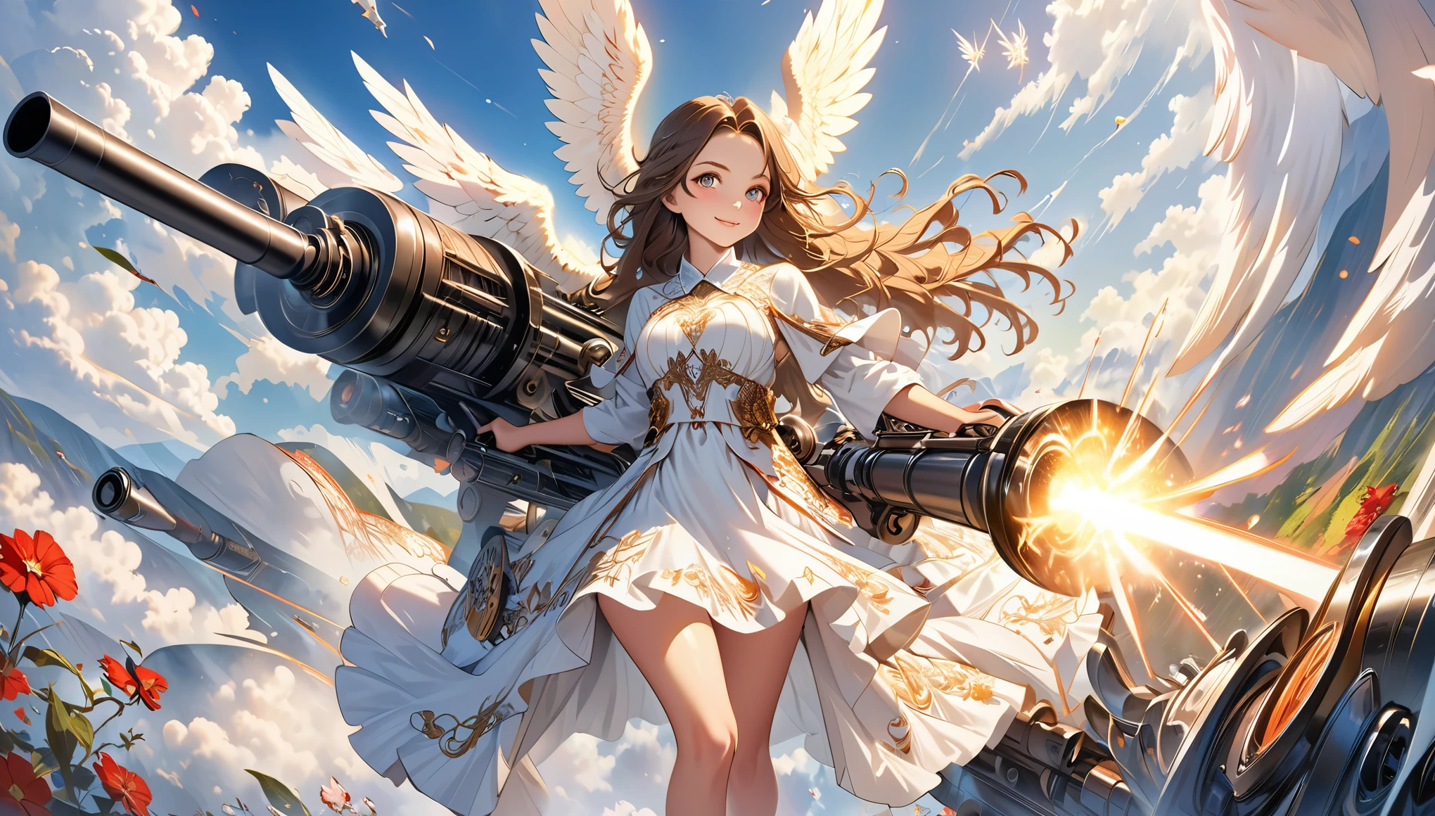 ((highest quality)),(ultra high resolution),(Super detailed),(detailed description),((The best CG)),(best work of art),super precision art,amazing drawing art,(Fantasy art with intricate detail:1.5), (Female angels:1.8),(beautiful and well-shaped face:1.5),smile:1.3,(gatling gun:1.6)