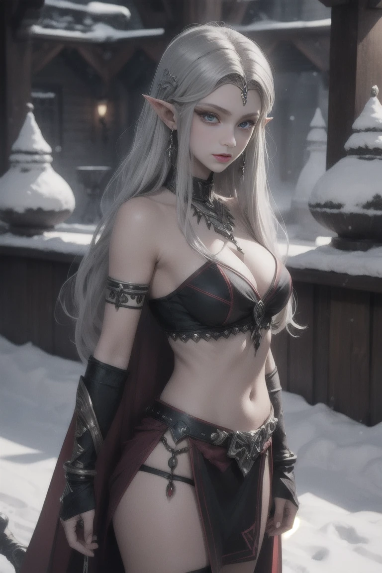 Red skin, demonic, Princess Zelda , rare, Obsidian maiden, shiva loincloth armor, beautiful women, long silver hair, green eyes, red skin, winter village,