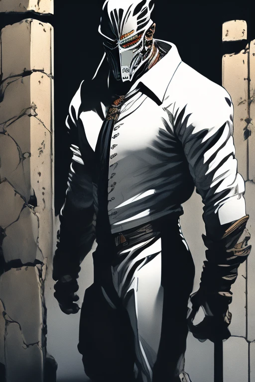 Warforged in a white shirt with rolled up sleeves and black slacks and a blue tie leaning against a wall on an urban street.