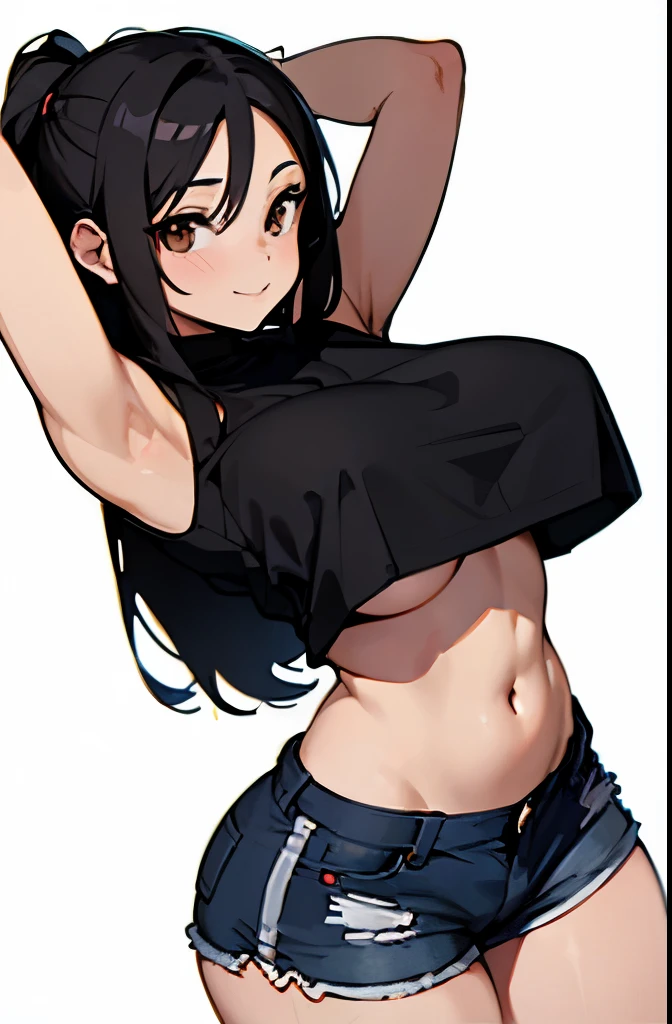 (best quality, masterpiece:1.2), Sketch full view of a hot looking fair skin 29 year old woman standing in front of us. She has brown eyes and long straight black hair. She has big breasts, playful smile. She has a nice curvy physique. She is wearing a crop top and lowrider shorts. Underboob showing. Apartment background. Shading. Lighting. Dynamic pose.