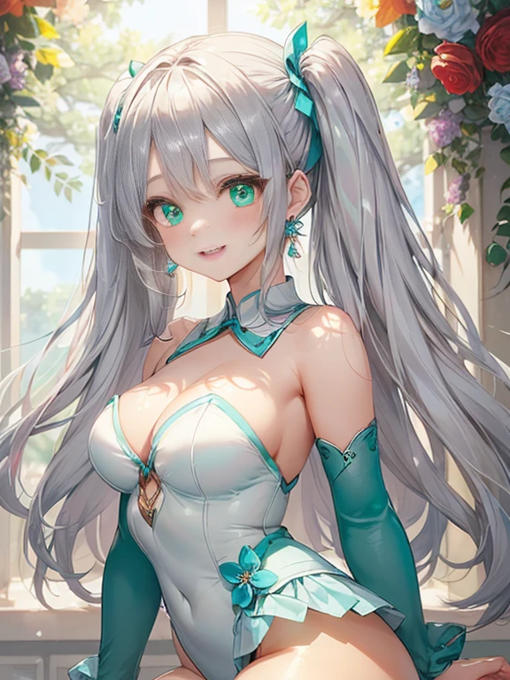 小さなgirl、The arrival of spring、thick thighs、thick thighs、 big ass、(alone:1.5,)Super detailed,bright colors, very beautiful detailed anime face and eyes, look straight, ;d, shiny_skin,girl, ((silver long hair,Inner color is red 、forehead is exposed.、green eyes、、shiny hair, delicate beautiful face, blush、(turquoise eyes), White skin, Valletta, earrings,、blue flower field、(((Floral leotard、white mini skirt)))、twin tails、smile、happy face、face dyed red