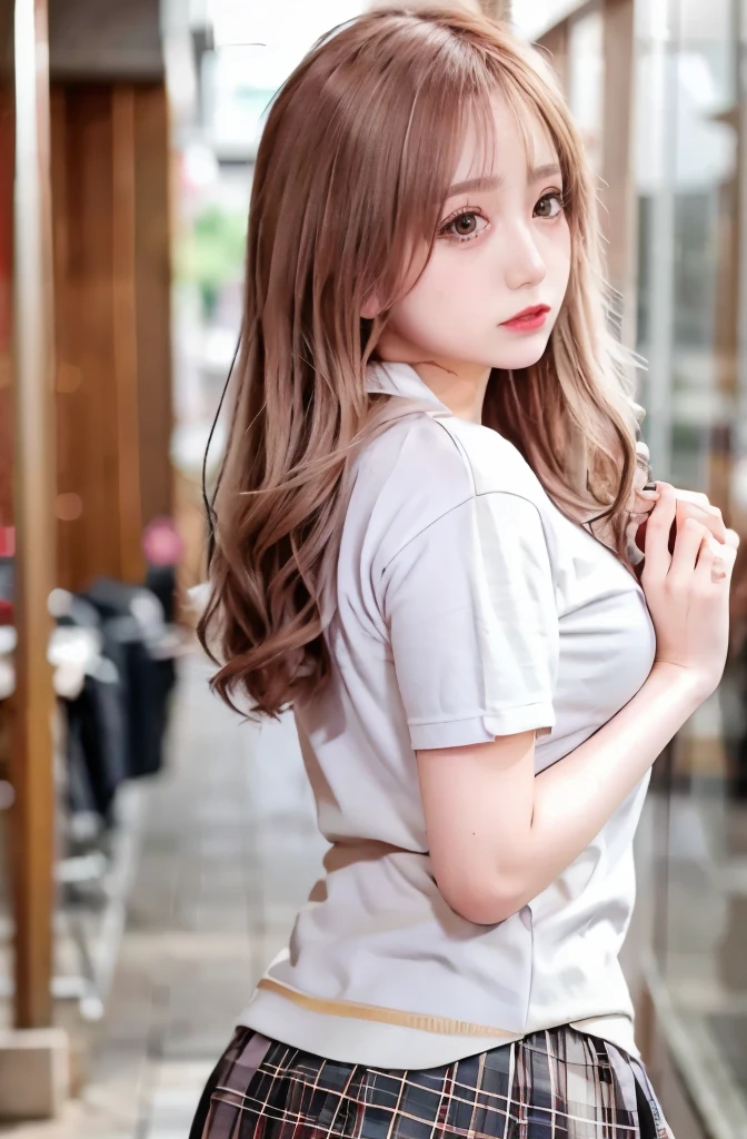 ((table top, highest quality, High resolution, nffsw, perfect pixel, 4k, nffsw, nffsw))), 1 girl, single, alone, Beautiful woman、I could see the whole body、 ((middle wave hair, bangs, brown hair)), ((brown eyes, beautiful eyelashes, realistic eyes)), ((detailed face, blush:1.2)), ((smooth texture:0.75, realistic texture:0.65, realistic:1.1, Anime CG style)), medium breasts, dynamic angle, perfect body, (( white shirt, black skirt:1.3)), city stairs、Looking up from the bottom of the stairs、Very embarrassing panic smile、He opened his mouth in surprise、 looked back、lean forward、(The wind flipped my skirt and exposed my butt..,stick out your butt、touch your butt with both hands、pink lace panties)、,((NSFW:1.3)), {{{へそ length white shirt}}}, {{{{Shirt tied under the chest}}}}, socks, platinum blonde hair, 1 girl,(highest quality,4k,8K,High resolution,masterpiece:1.2),1 Beautiful woman,18-year-old,35mm lens,f/1,considerable breasts,soft sunlight,bright colors,playful expression