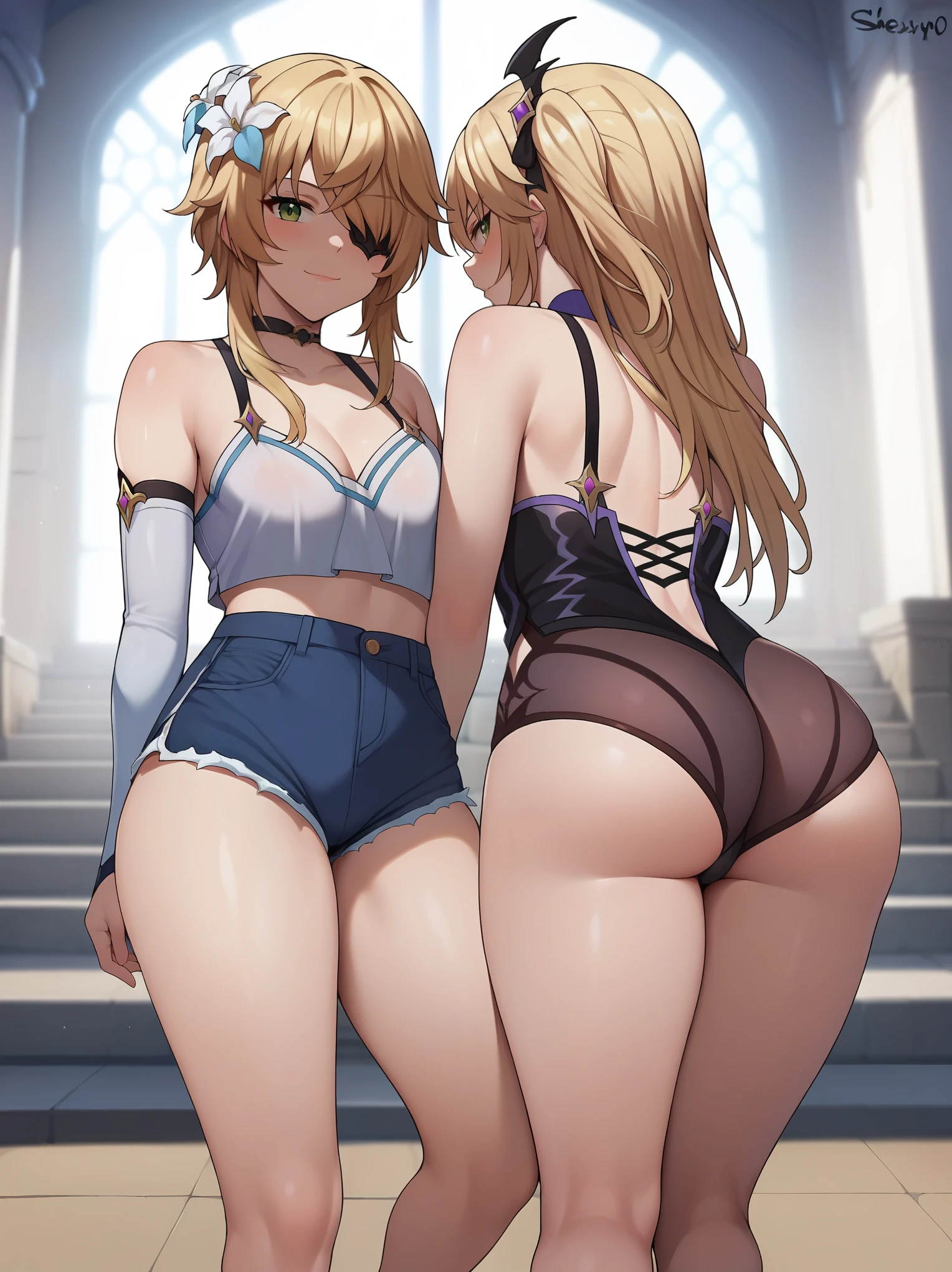 Score_9, score_8_up, score_7_up, source_anime, lumine, genshin impact, shexyo, fischl, fischl and lumine, 2girls, duo, indoors, castle, ass,  butt crack, clothed, leather shorts