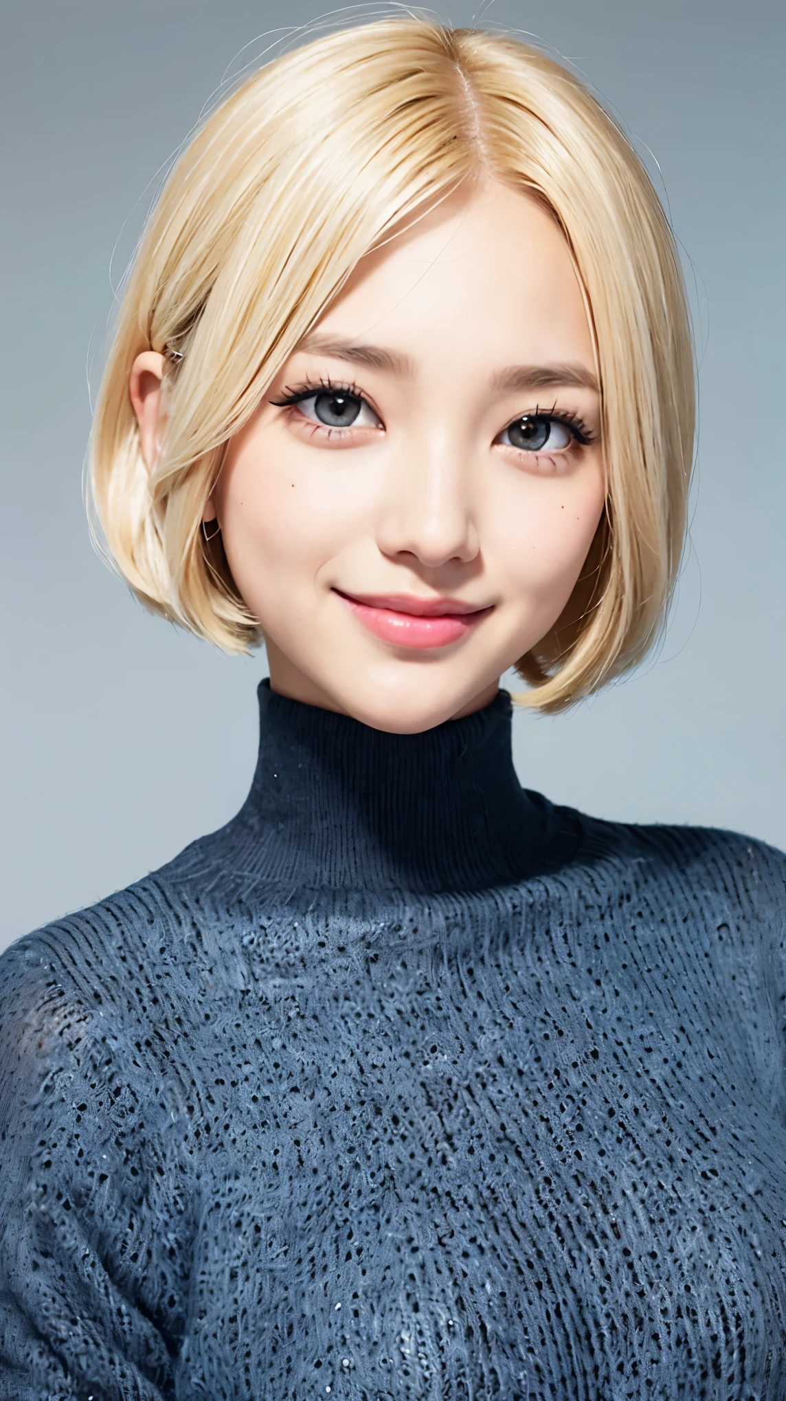 realistic, masterpiece, highest quality, A photo of a woman smiling happily, beautiful and detailed eyes, long slit eyes, black eyes, thin eyebrows, Make your eyelashes delicate, long eyelashes, false eyelashes, (hidden creased eyelids:1.3), (blonde hair, short hair, middle part:1.3), A little tooth is visible, light blue turtleneck sweater