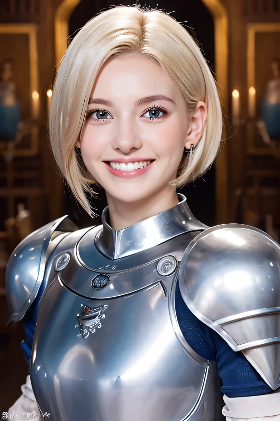 ８ｋ、female knight、The background is a room in a castle.、Luxurious Silver Armor、full body photo、hairstyle short cut、smile、beautiful teeth、ear piercing、white woman、blonde hair、blue eyes、heavy makeup、