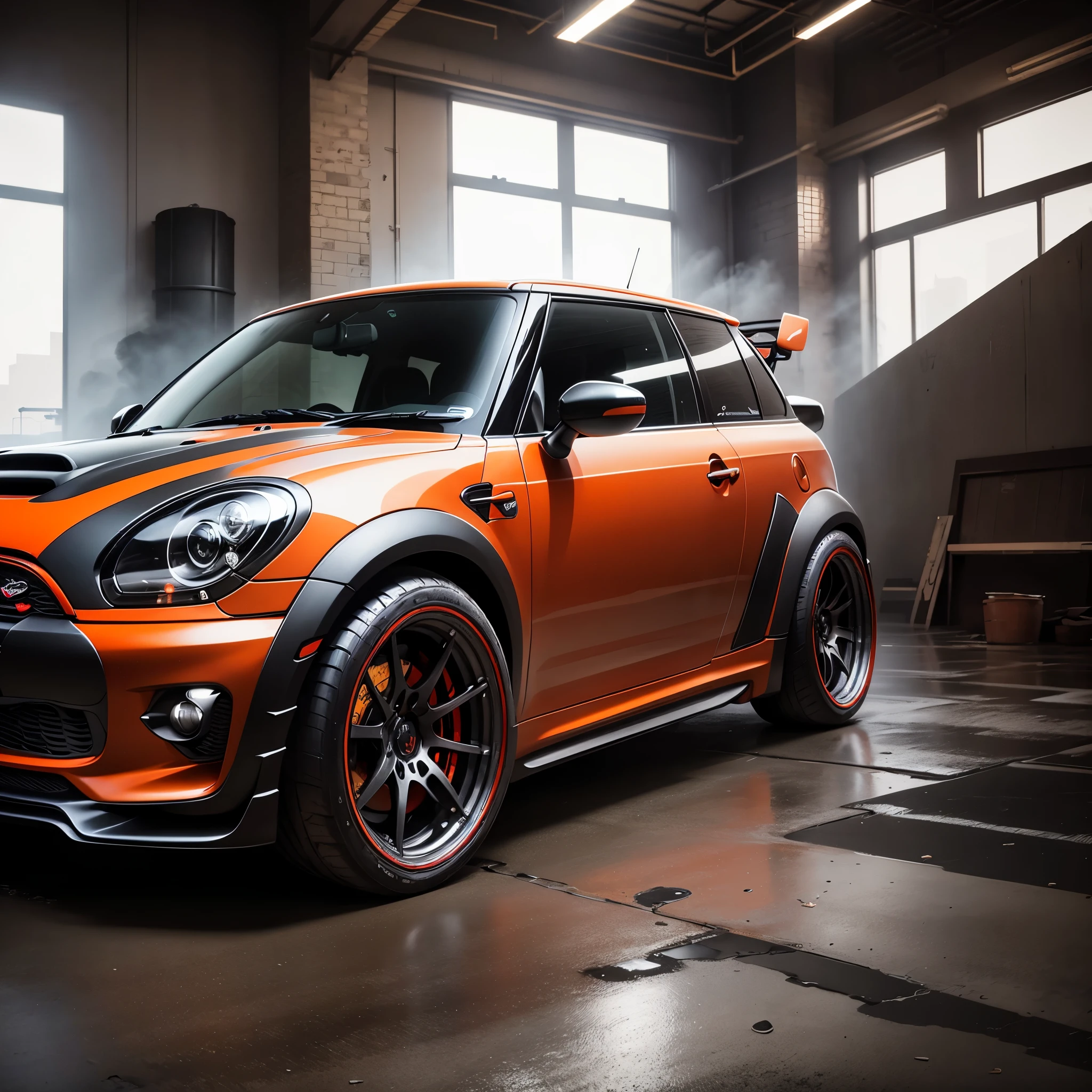 orange R56 Mini Cooper S JCW, ((carbon fibre, Liberty walk ultra wide body kit)), aggressive stance ((background: inside old industrial style building, large windows in background, overcast sky, heavy industrial look, cobble stone street)), 8K quality, realistic, realism, sharp, detailed, ultrawide, black and carbon fibre and deep candy apple red scheme, front profile, epic stance, epic ultra wide body kit, super low stance, aggressive looks