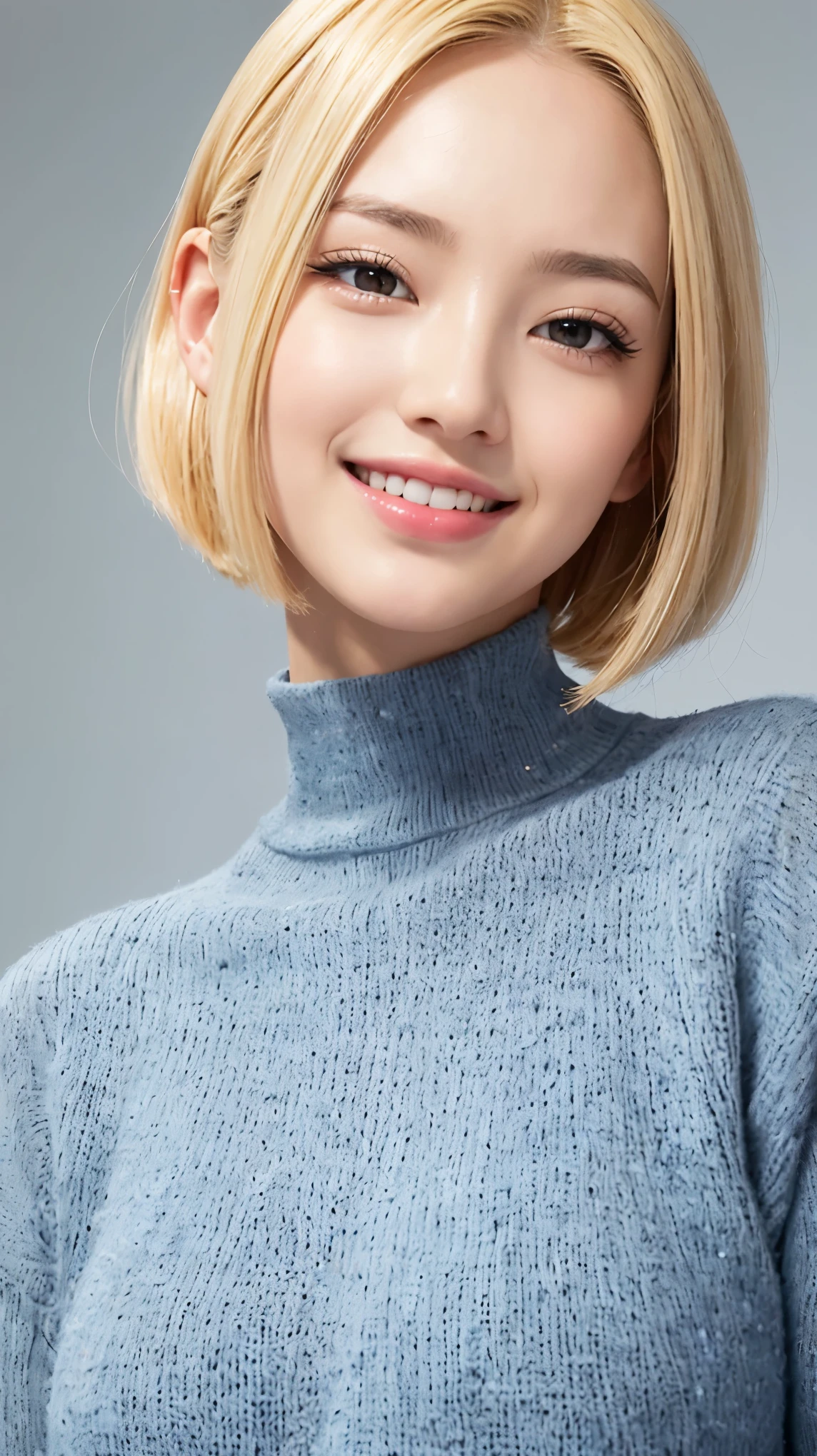 8K、highest quality、Blonde Hair、blue eyes、White women、Short Haircut、Ear piercing、necklace、smile、Beautiful teeth alignment、Long sleeve blouse、The background is the entrance to the building