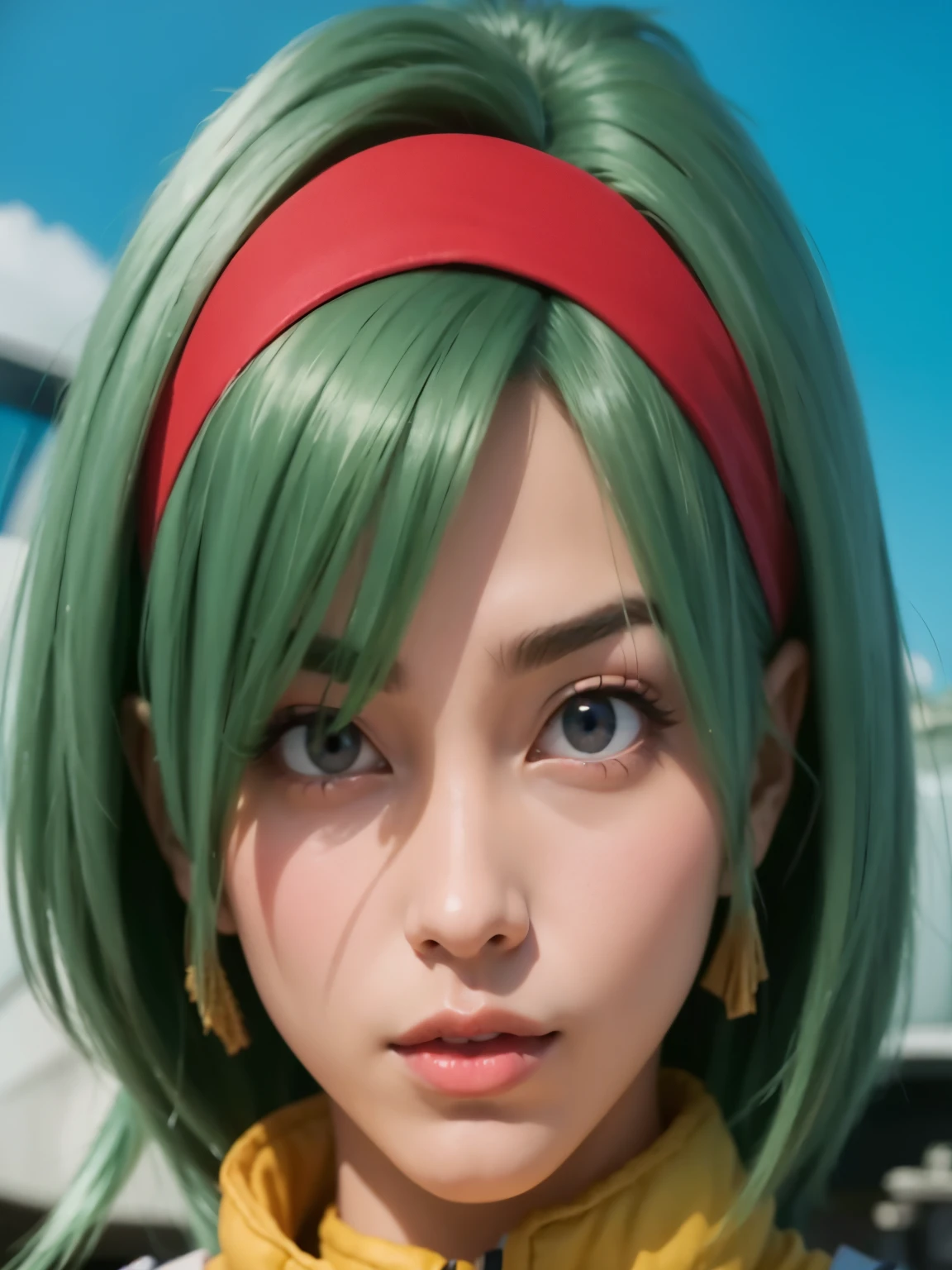 (( muy hermosa)), (( sensual)) , un primer plano de una mujer con cabello verde y una camisa amarilla, retrato, caballeros del zodiaco, , Bulma de Dragon Ball, estilo anime realista 3d, primer plano del retrato del personaje, germen de arte. alto detalle, anime estilo 3d, chica saiyajin, retrato de personaje de primer plano, primer plano de una joven chica anime, personaje de cerca, primer plano del arte del personaje (( 26 years old))