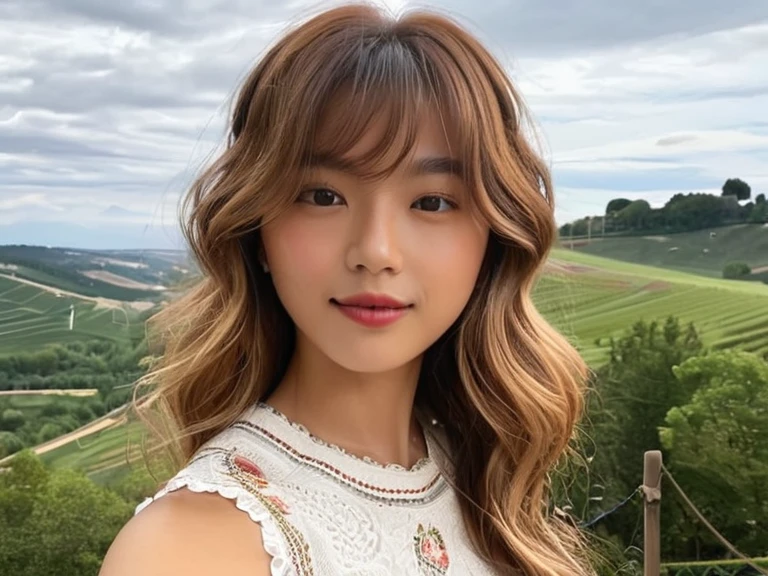 (high resolution, ultra-detailed, photorealistic), selfie of 1girl, sjang, long wavy light brown hair with bangs, background: french landscape, realistic face, accurate, beautiful