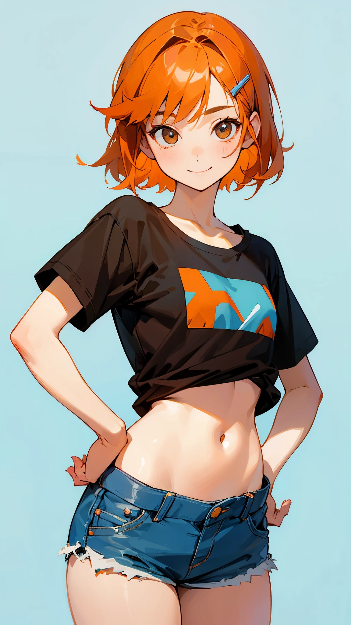 1 girl、cowboy shot、Simple T-shirt、light blue medium hair、Beautiful brown eyes、Orange hair clip、flat chest、smile、Put your hands on your hips、shorts