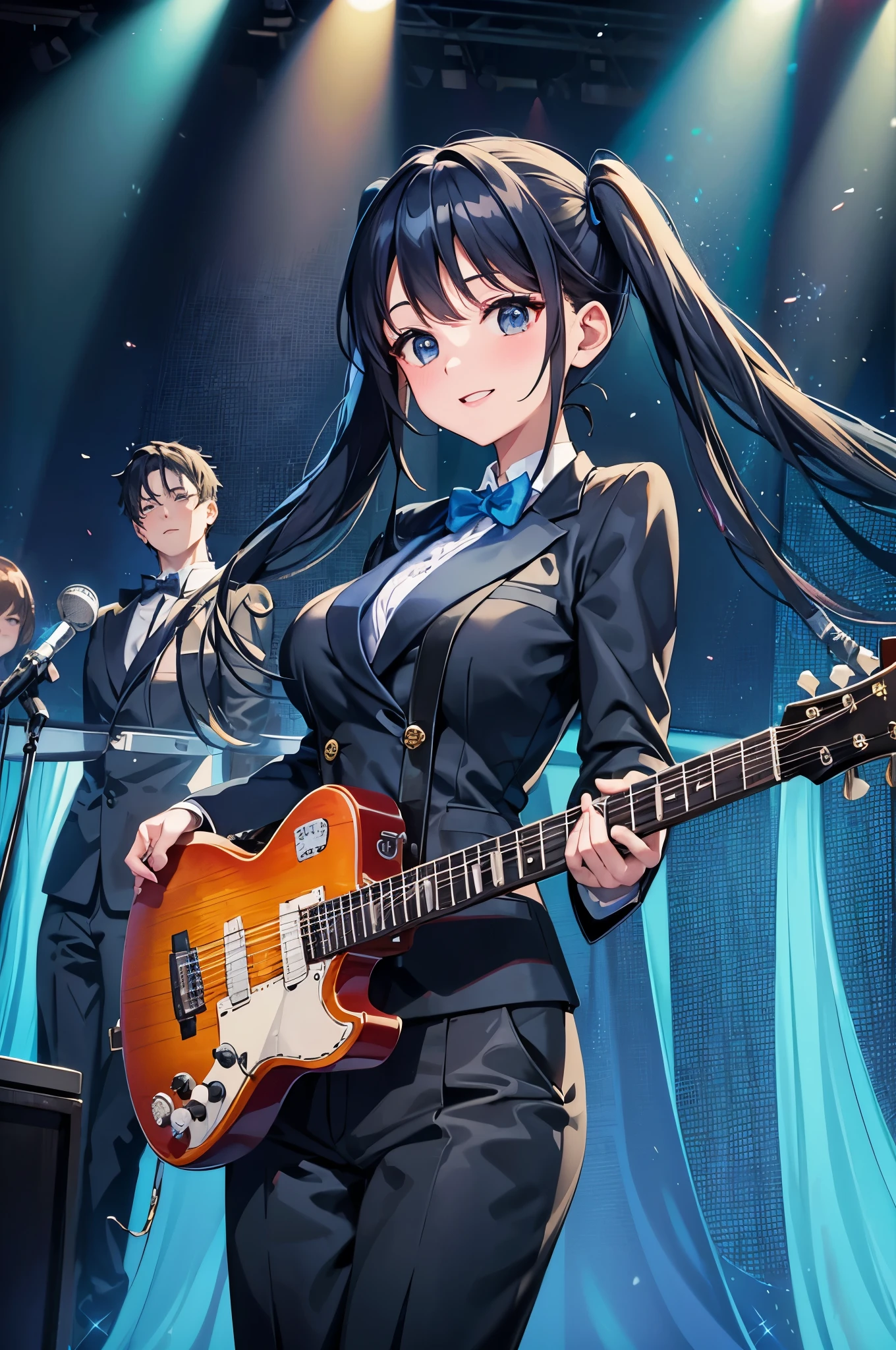 Blue Slacks Tuxedo、Orchestra in the background、A spectacular musical stage、light blue long hair、Beautiful girl with twin tails、black eyes、adorable smile、cool look、Big Stage、breast enhancement、A packed audience、Gorgeous rainbow lighting、stage lighting、