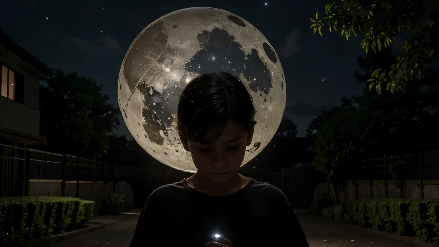 (best quality,highres,masterpiece:1.2),ultra-detailed,realistic:1.37,a boy gazes in astonishment at the sky,observing the reflected light of a satellite,hdr,night scene,star-filled sky,peaceful atmosphere,crisp details,street lamp illuminating the surroundings,vivid colors,sharp focus,glistening stars,soft glow of the moon,serene moment,black silhouette of the boy's figure,subtle shadows,quiet residential neighborhood,quiet street,slight breeze rustling the leaves,glimmering reflections on the boy's eyes,magical ambiance,graceful clouds drifting across the sky,crystal clear night,moonlit scene,mysterious aura,remote control in the boy's hand,curiosity in the boy's expression,awe-inspiring sight,luminous satellite passing overhead,perfectly still night,ordinary boy experiencing the extraordinary,immersive experience,portraits,photography
