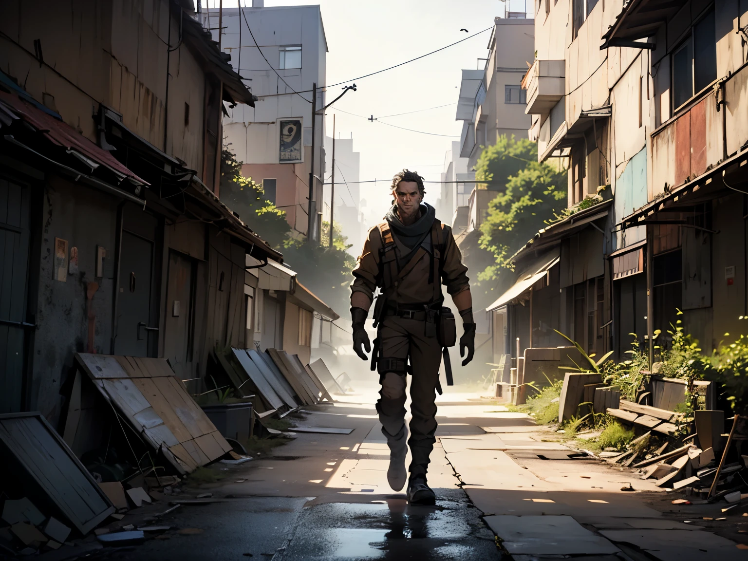Solirary man in a post-apocalyptic city full of vegetation invading the asphalt