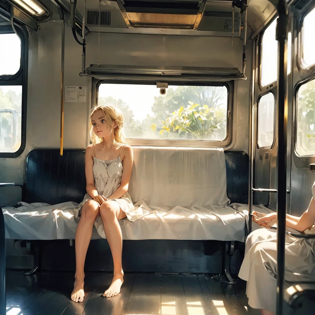 (beautiful girl (with a perfect, very beautiful gentle face) with blond hair) (rides in an empty train carriage) (Barefoot) (in a short light summer sundress (on the naked body)), (in profile, SIDE VIEW), (summer day, sunlight fills the carriage)