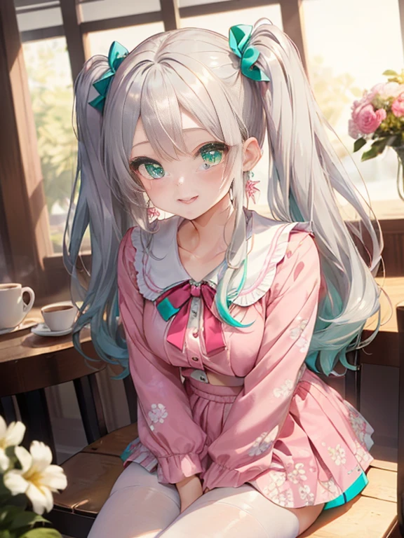 小さなgirl、pantyhose、thick thighs、thick thighs、 (alone:1.5,)Super detailed,bright colors, very beautiful detailed anime face and eyes, look straight, ;shiny_skin,girl, ((silver long hair,Inner color is red 、forehead is exposed.、green eyes、、shiny hair, delicate beautiful face, blush、(turquoise eyes), White skin, Valletta, earrings,、Drinking coffee at a coffee shop、(((Floral pink outfit、white mini skirt)))、twin tails、smile、happy face、face dyed red