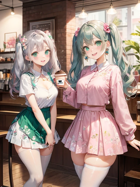 小さなgirl、pantyhose、thick thighs、thick thighs、 (alone:1.5,)Super detailed,bright colors, very beautiful detailed anime face and eyes, look straight, ;shiny_skin,girl, ((silver long hair,Inner color is red 、forehead is exposed.、green eyes、、shiny hair, delicate beautiful face, blush、(turquoise eyes), White skin, Valletta, earrings,、Drinking coffee at a coffee shop、(((Floral pink outfit、white mini skirt)))、twin tails、smile、happy face、face dyed red