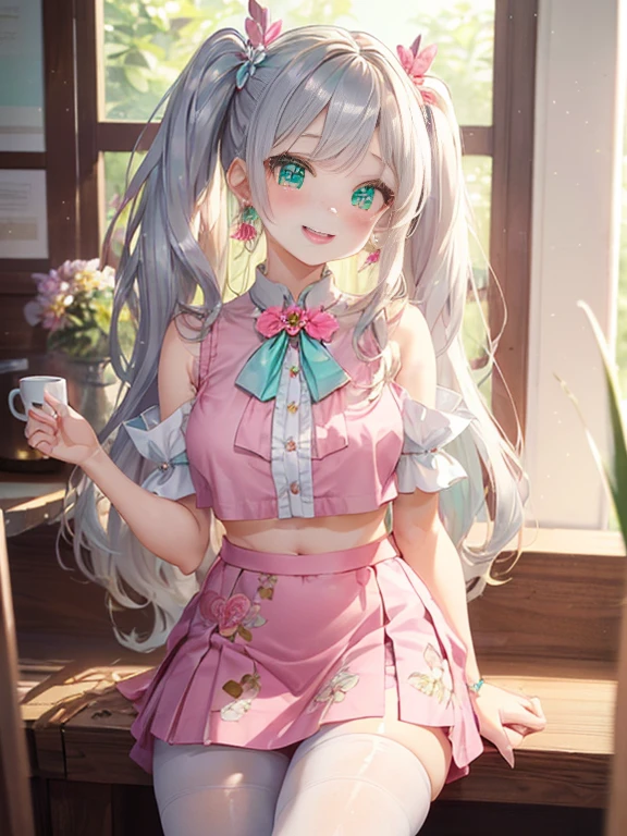 小さなgirl、pantyhose、thick thighs、thick thighs、 (alone:1.5,)Super detailed,bright colors, very beautiful detailed anime face and eyes, look straight, ;shiny_skin,girl, ((silver long hair,Inner color is red 、forehead is exposed.、green eyes、、shiny hair, delicate beautiful face, blush、(turquoise eyes), White skin, Valletta, earrings,、Drinking coffee at a coffee shop、(((Floral pink outfit、white mini skirt)))、twin tails、smile、happy face、face dyed red