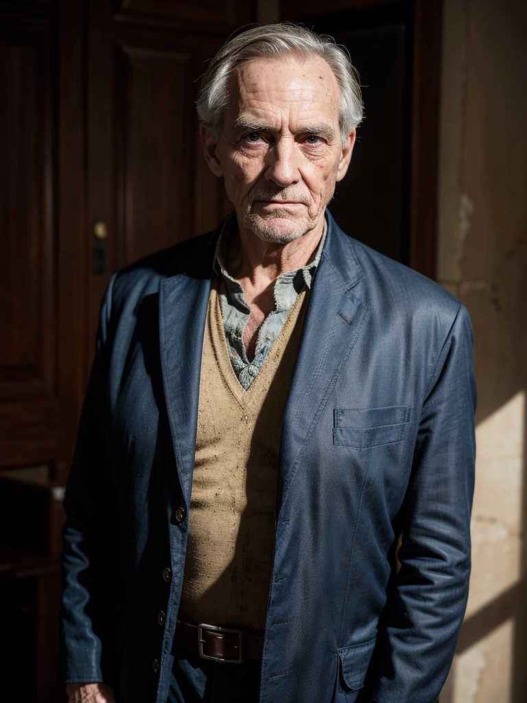 hyperrealism, (photorealistic:1.2), (photorealistic light:1.3), masterpiece, best quality, perfect detail, professional photo, realistic photo, raw photo, realistic style, detailed face, aged Batman, about a hundred years old, (very thin:1.3 ), old Batman costume, (dirty clothes