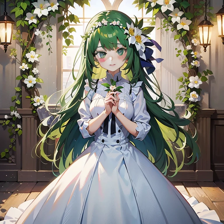 anime girl in a white dress with green hair and a flower in her hand, cute anime waifu in a nice dress, in dress, high detailed official artwork, anime visual of a cute girl, anime moe artstyle, official art, official artwork, beautiful anime girl, official anime artwork, guweiz on pixiv artstation, marin kitagawa fanart