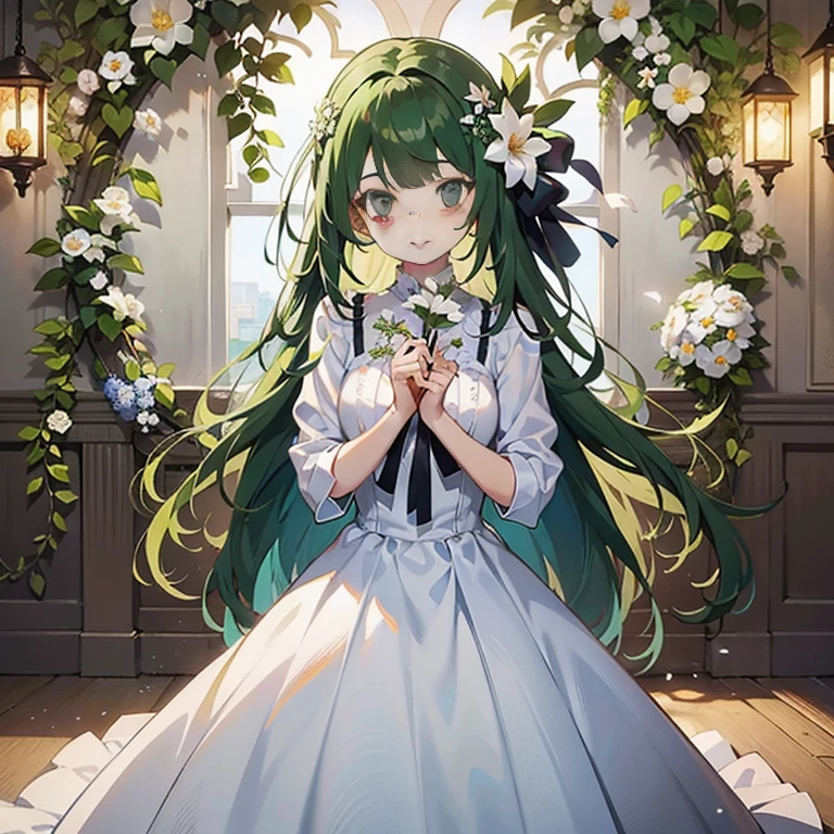 anime girl in a white dress with green hair and a flower in her hand, cute anime waifu in a nice dress, in dress, high detailed official artwork, anime visual of a cute girl, anime moe artstyle, official art, official artwork, beautiful anime girl, official anime artwork, guweiz on pixiv artstation, marin kitagawa fanart