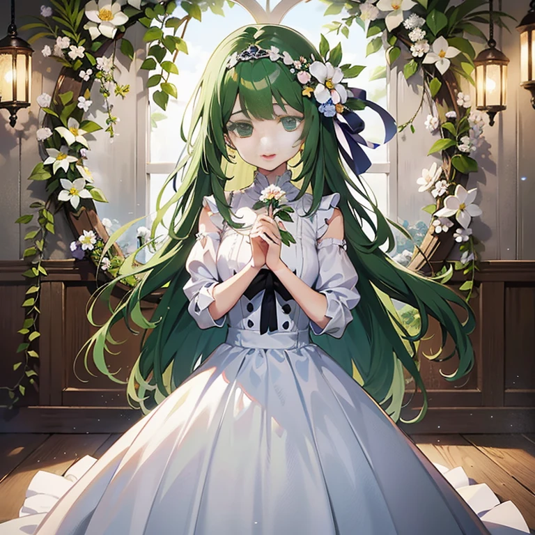 anime girl in a white dress with green hair and a flower in her hand, cute anime waifu in a nice dress, in dress, high detailed official artwork, anime visual of a cute girl, anime moe artstyle, official art, official artwork, beautiful anime girl, official anime artwork, guweiz on pixiv artstation, marin kitagawa fanart