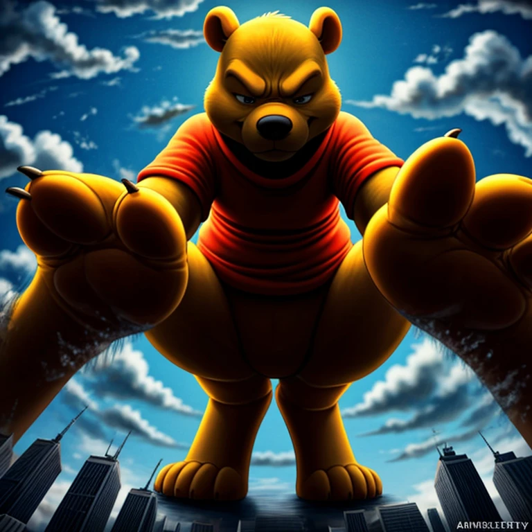 masterpiece), best quality, perfect face, Winnie the Pooh, glaring, GTS, Looming, Stepping, GTSCity, Rampage, paw looming, shot looking up at looming paw, POV under paw, about to get stepped on, red shirt, Giga GTS