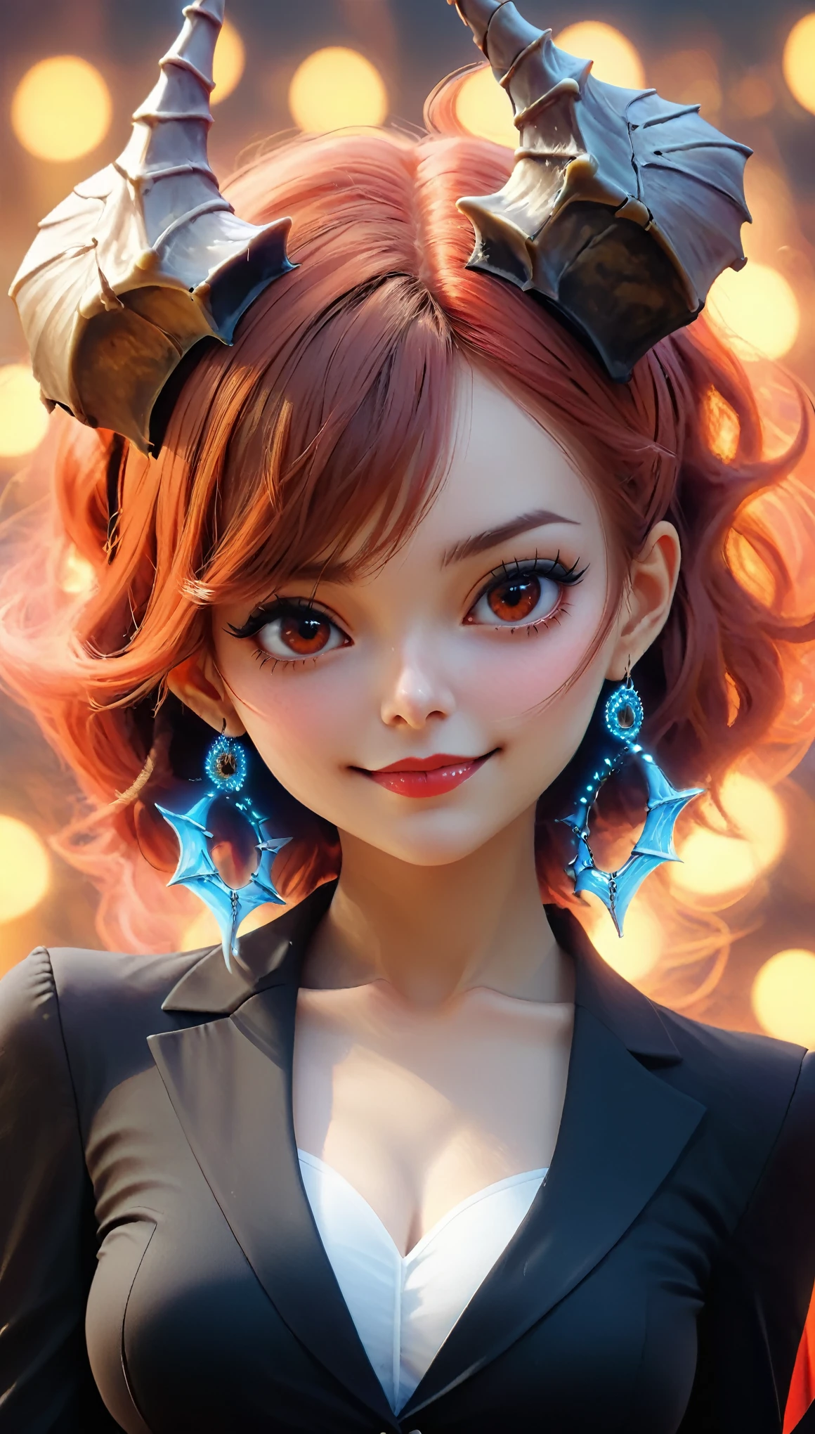 (kind_smile),(biting own lip:1.5),(red lips:1.2),epic-Ultra-HD-details, epic-Ultra-HD-highlights, anime-upscaled-resolution,(realistic, photo-realistic:1.37), precise and realistic hair:1.1), beautiful detailed eyes, extremely detailed eyes and face, awardwinning, amazing details, super detail, best quality, 1080P, 8k, masterpiece（fullbody shot：3.0）, 1girl, asymmetrical bangs, no underwear, (Exquisite business suit:1.5), glowing red hair,asymmetric bangs,(short bobcut),(back side long single ponytails),(long single ponytail wafts to the chest),necktie between breasts, midlle breasts, Glowing, eyes, (bone devil horns:1.5), eye shadow, Eyeliner, devil tail, Black Halo, tattoo on breasts, hair strand, (((detail bones)))