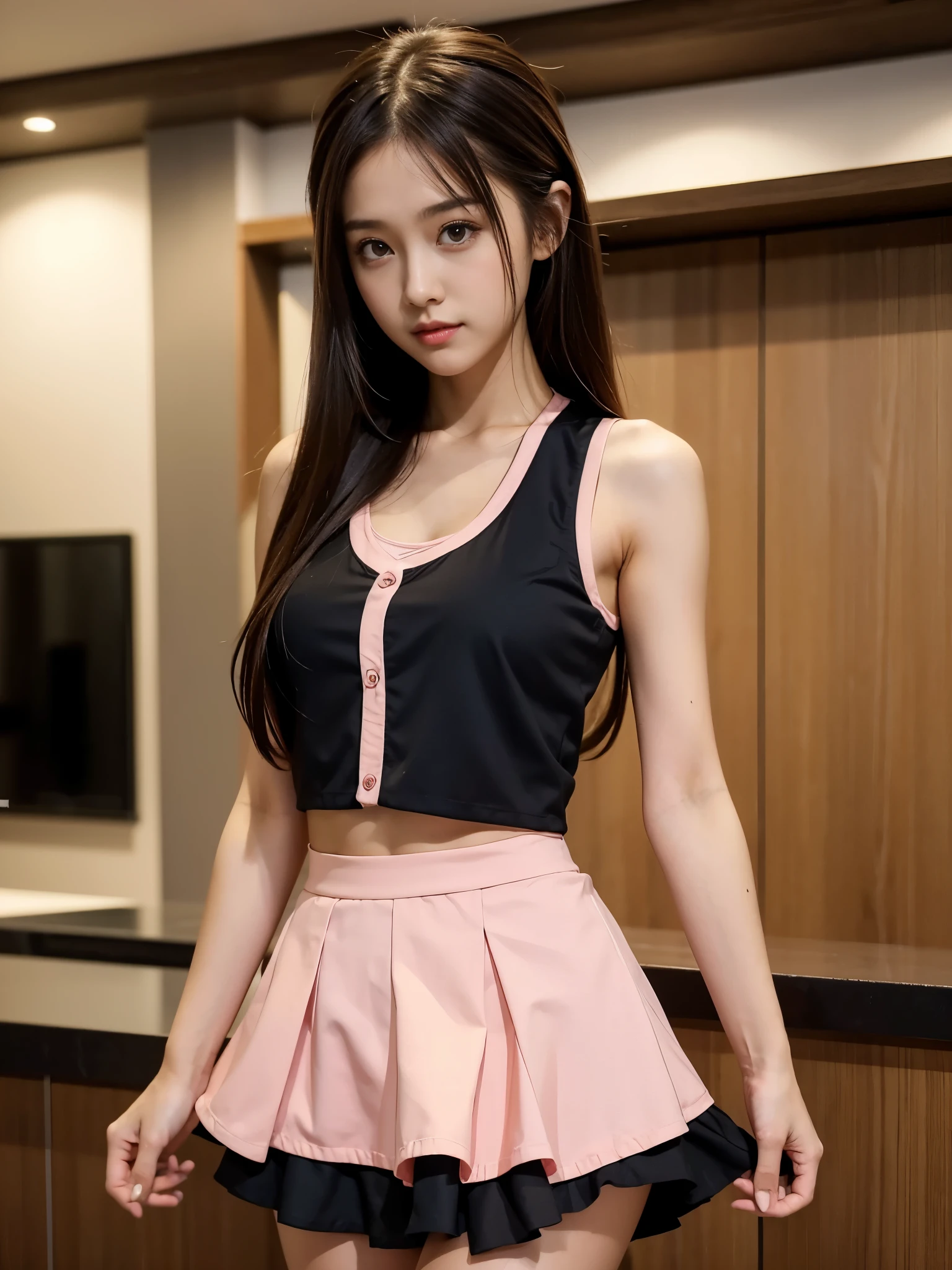 (masterpiece, best quality:1.2), 1girl, solo,standing_split, 
Yuuki Mikan, long hair，black sleeveless short vest，pink skirt，black