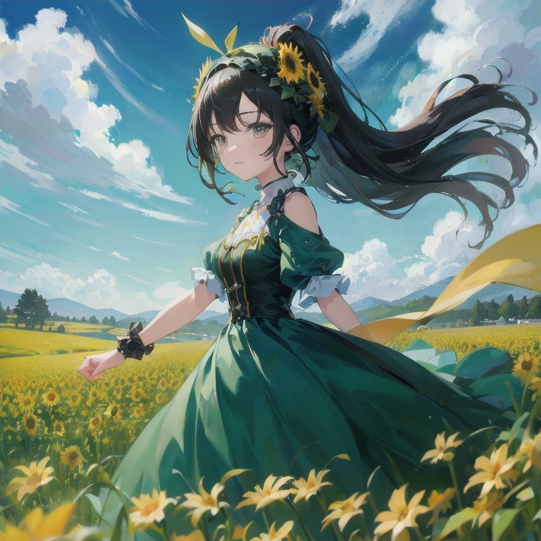 anime girl in a green dress in a field of yellow flowers, beautiful sunflower anime girl, cute anime waifu in a nice dress, anime style 4 k, anime moe artstyle, beautiful anime girl, artgerm and atey ghailan, beautiful anime, guweiz on pixiv artstation, trending on artstation pixiv, high quality anime artstyle