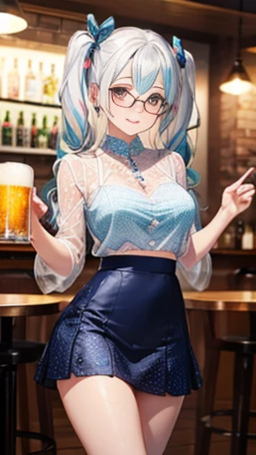 (Glasses)、The arrival of autumn、thick thighs、big butt、 Super detailed,bright colors, very beautiful detailed anime face and eyes,highest quality, hyper detail, masterpiece, look straight, ;shiny_skin,girl, ((long hair、gradation hair , Half white hair、Half dark blue hair: 1.5)) 、forehead is exposed、shiny hair, delicate beautiful face, blush、(turquoise eyes), White skin, Valletta, Mature earrings,、Drinking beer at a pub、((ribbon、msfw.(Diamond pattern、See-through brown extremely tight skirt)))、twin tails、smile、happy face、face dyed red、dynamic、show off your butt、Upper body