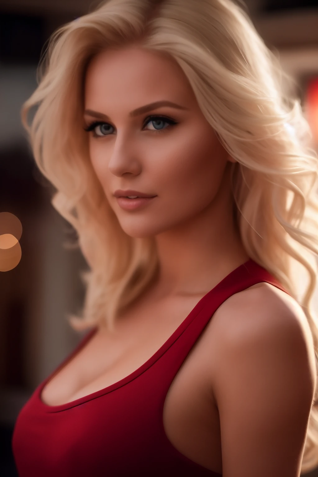 Blonde woman in red vest posing for photo, beautiful Blonde woman, Soft portrait shots in 8K, beautiful Blonde girl, Blonde beautiful young woman, a gorgeous Blonde, Blonde woman, beautiful female model, Blonde and attractive features, photo of a beautiful woman, 4K Glamor Photography, sexy girl with long Blonde hair, Portrait of a beautiful model, Blonde,front Photo，full-body shot，Positive face