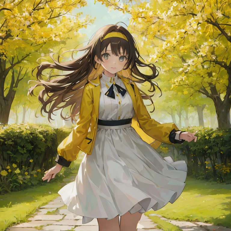 anime girl in a yellow jacket and white dress walking down a path, smooth anime cg art, anime moe artstyle, official art, anime visual of a cute girl, official artwork, anime lush john 8k woods, anime best girl, iwakura lain, makoto, high quality anime artstyle, high detailed official artwork, marin kitagawa fanart