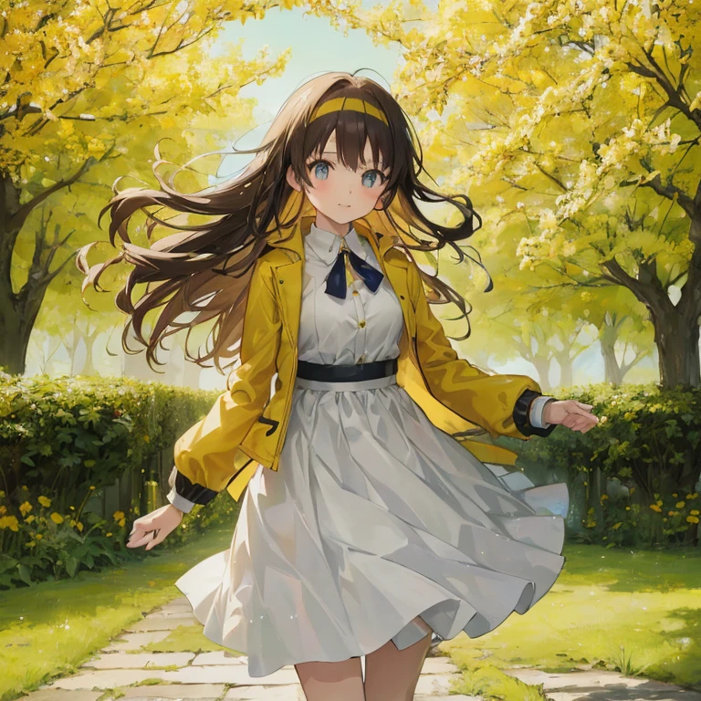 anime girl in a yellow jacket and white dress walking down a path, smooth anime cg art, anime moe artstyle, official art, anime visual of a cute girl, official artwork, anime lush john 8k woods, anime best girl, iwakura lain, makoto, high quality anime artstyle, high detailed official artwork, marin kitagawa fanart