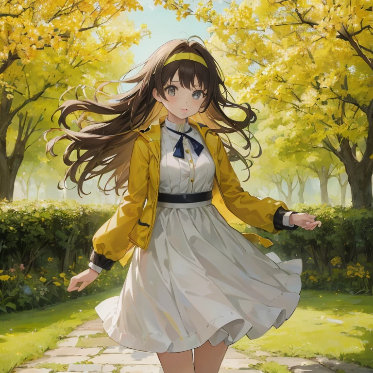anime girl in a yellow jacket and white dress walking down a path, smooth anime cg art, anime moe artstyle, official art, anime visual of a cute girl, official artwork, anime lush john 8k woods, anime best girl, iwakura lain, makoto, high quality anime artstyle, high detailed official artwork, marin kitagawa fanart