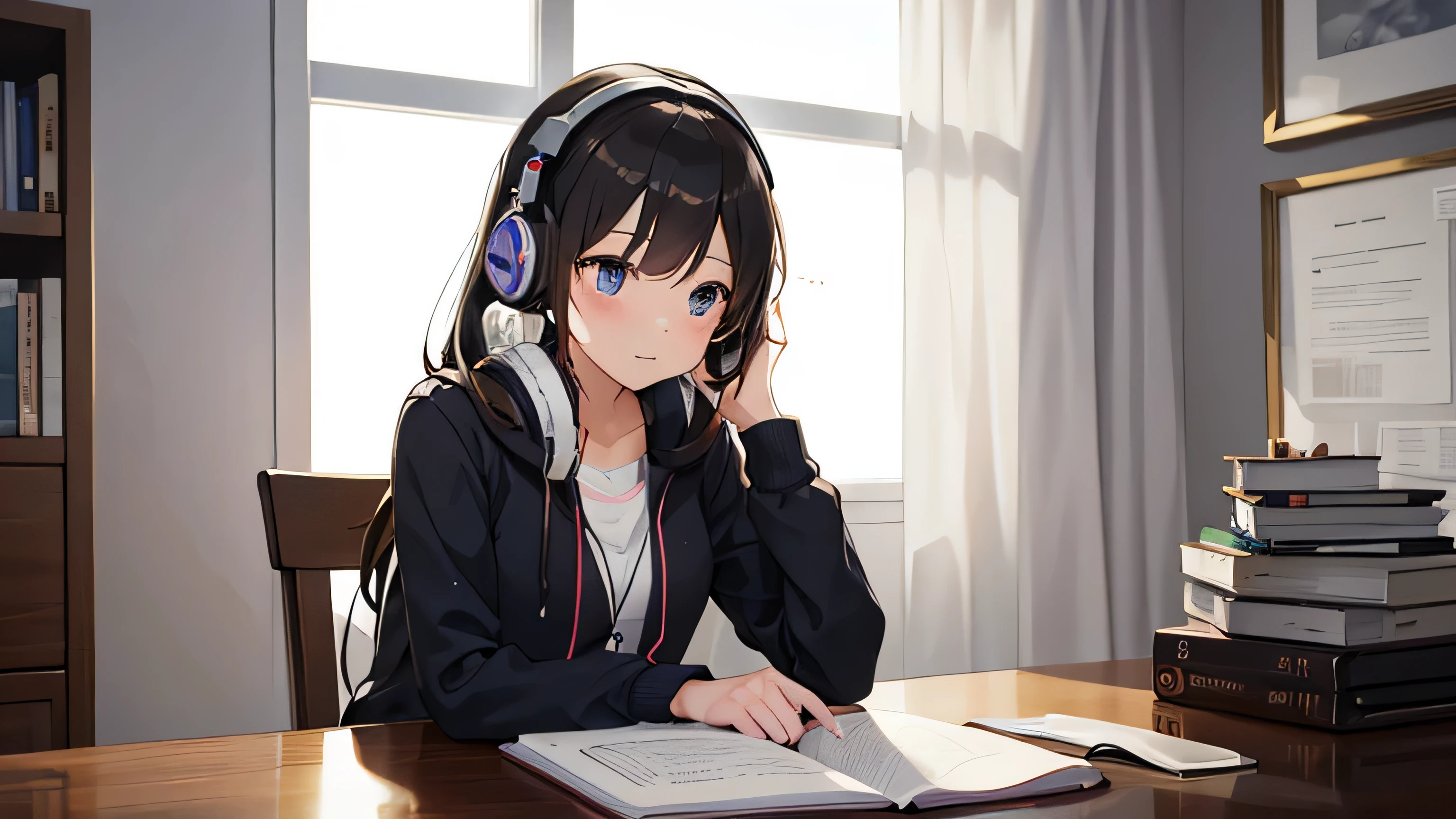 Cute girl studying and listening to music。Pretty young woman working with headphones。