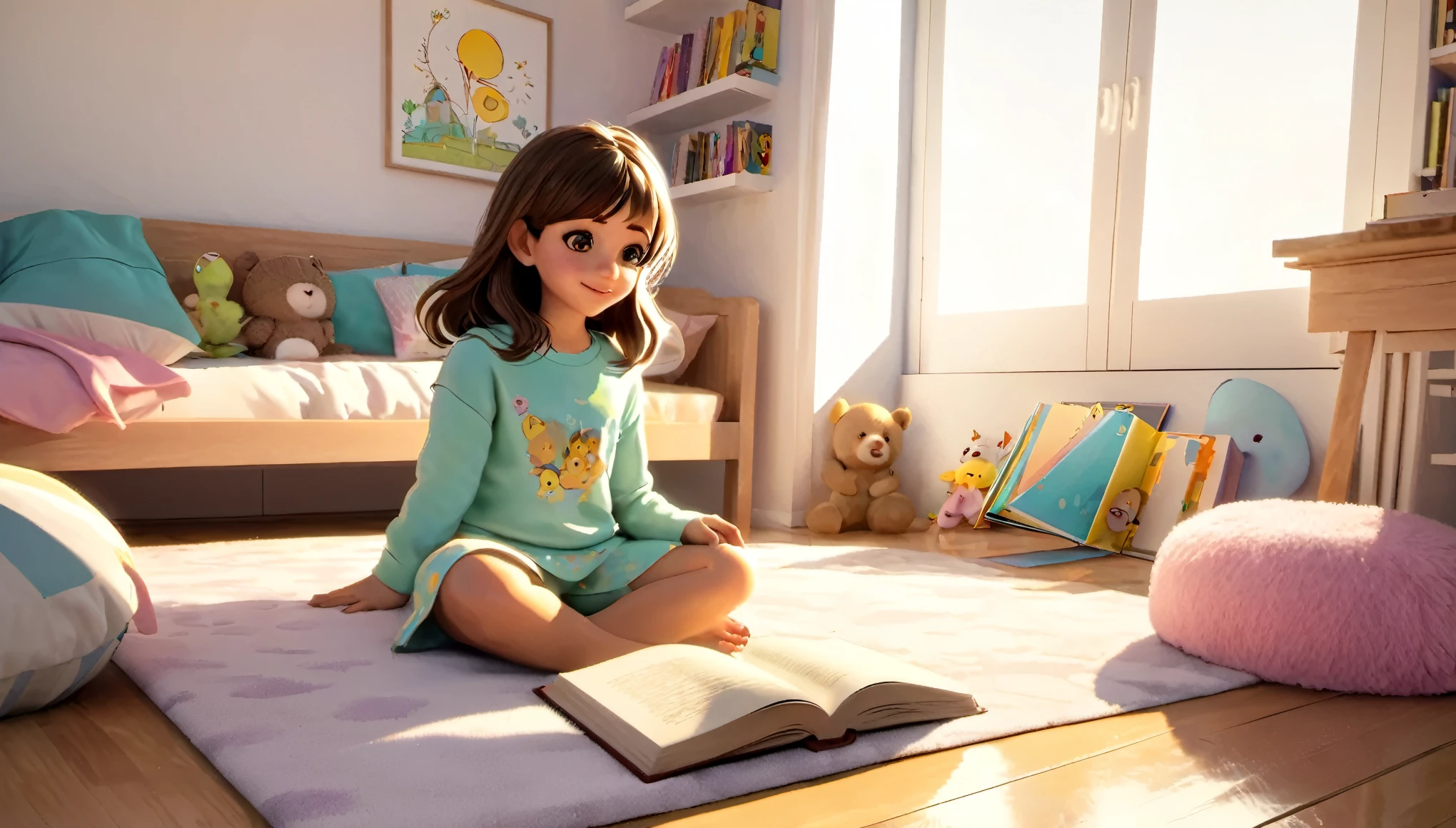 (1 de 4 anos, cabelo castanho ondulado e longo, usando pijama, drawing in your book on your bedroom floor, o quarto era lindo, a luz do sol entrava no quarto e tinha brinquedos e livros) (olhos detalhados, adequate lighting, profundidade nos detalhes do ambiente, imagem objetiva com o texto, qualidade absurdamente alta) coloque ela desenhando em seu caderno, the pajamas are in maga style