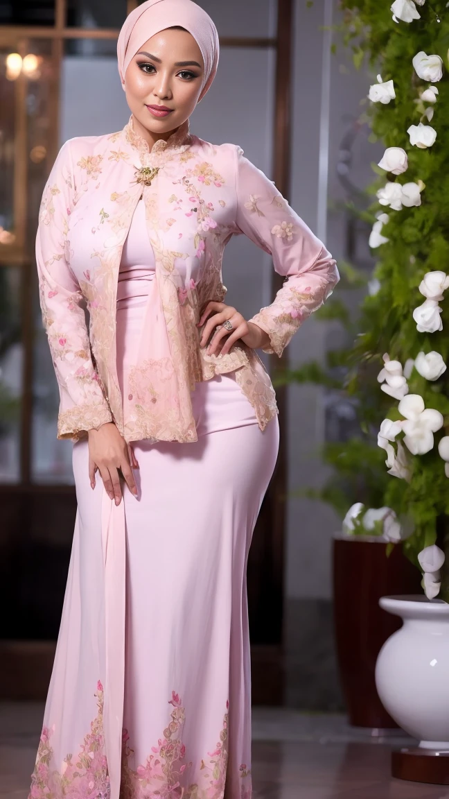 RAW, Best quality, high resolution, Masterpiece: 1.3), Beautiful Malay woman in hijab, Masterpiece, Perfect slim body, (Big breasts), Beautiful big eyes, Soft smile, Masterpiece:1.2, Best quality), Realistic, , Intricate details, Depth of fiel, modern plain hijab,  shy, medium portrait shot , watery  eyes ,droopy eyes, watery, lip glossy, sad face, wear java wedding woman in kebaya purple dress berendra, kebaya batik, flower garden background, bokeh background, proportional body,