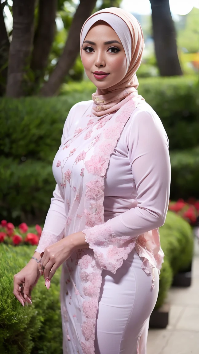 RAW, Best quality, high resolution, Masterpiece: 1.3), Beautiful Malay woman in hijab, Masterpiece, Perfect slim body, (Big breasts), Beautiful big eyes, Soft smile, Masterpiece:1.2, Best quality), Realistic, , Intricate details, Depth of fiel, modern plain hijab, shy, medium portrait shot , watery eyes ,droopy eyes, watery, lip glossy, sad face, wear java wedding woman in kebaya purple dress berendra, kebaya batik, flower garden background, bokeh background, proportional body,