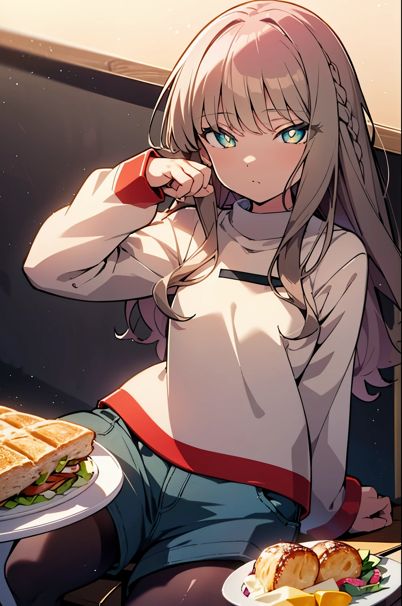 8K,highest quality,masterpiece,Southern dream buds,Southern dream buds sss Dynazenon,brown hair,long hair,green eyes,short braided hair, white oversized sweater,shorts,white pantyhose,short boots,Open Terrace,restaurant,Food is placed on the table,sitting in a chair,(masterpiece:1.2), highest quality, High resolution, unity 8K wallpaper, (shape:0.8), (beautiful and detailed eyes:1.6), highly detailed face, perfect lighting, Very detailed CG, (perfect hands, perfect anatomy),
