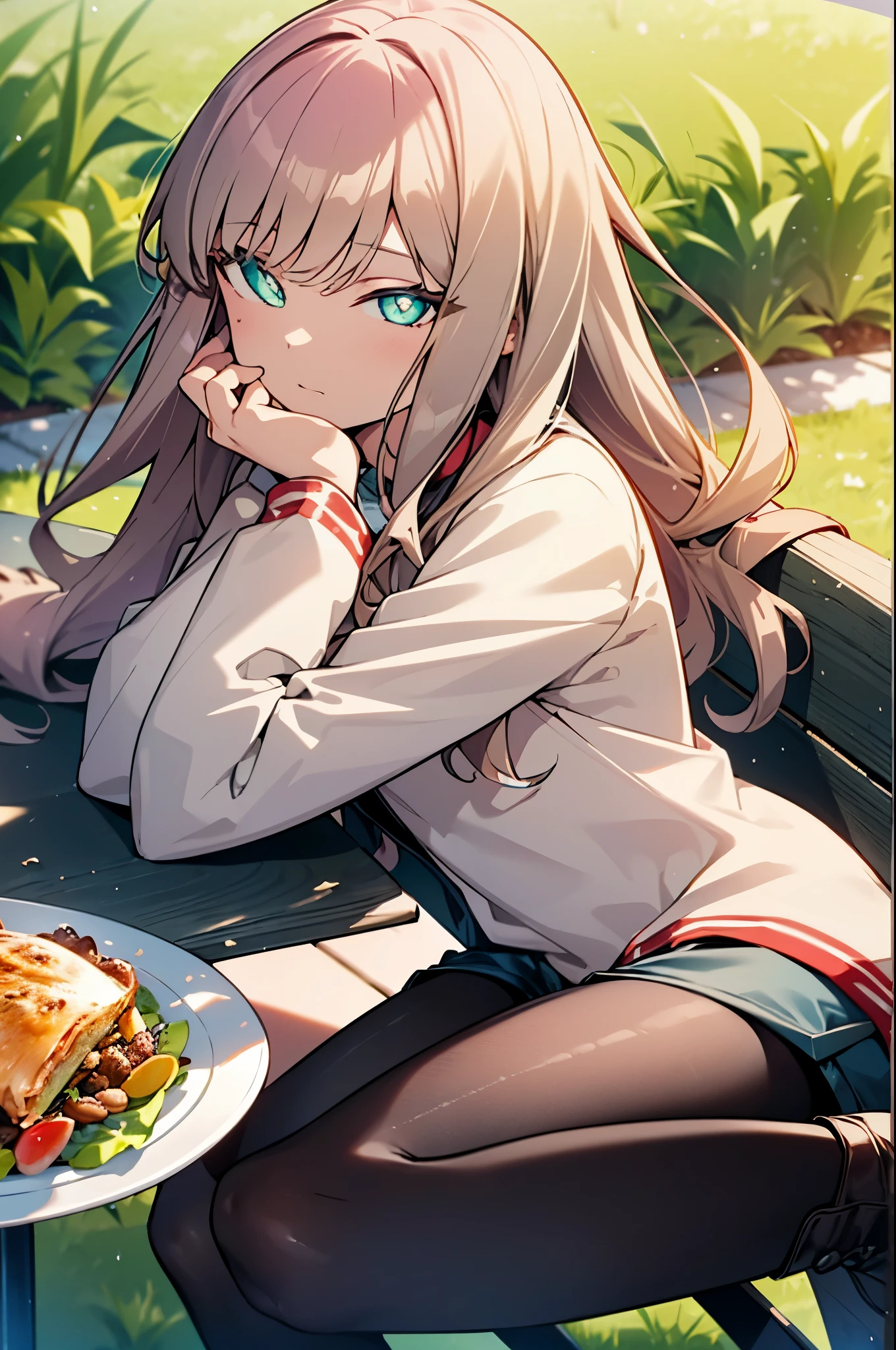 8K,highest quality,masterpiece,Southern dream buds,Southern dream buds　sss Dynazenon,brown hair,long hair,green eyes,short braided hair, white oversized sweater,shorts,white pantyhose,short boots,Open Terrace,restaurant,Food is placed on the table,sitting in a chair,(masterpiece:1.2), highest quality, High resolution, unity 8K wallpaper, (shape:0.8), (beautiful and detailed eyes:1.6), highly detailed face, perfect lighting, Very detailed CG, (perfect hands, perfect anatomy),