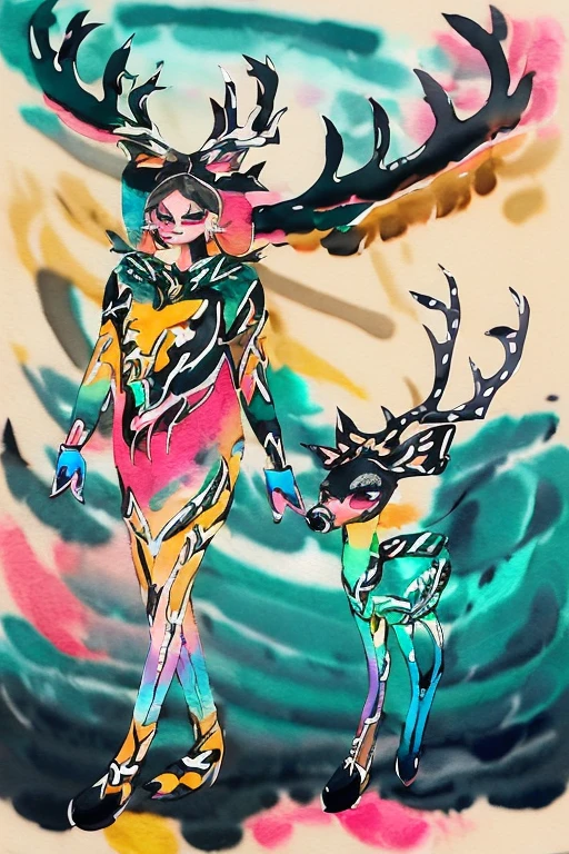 (Walking female deer::2), ((Colorful ink painting::2)), (Art Fantasy)