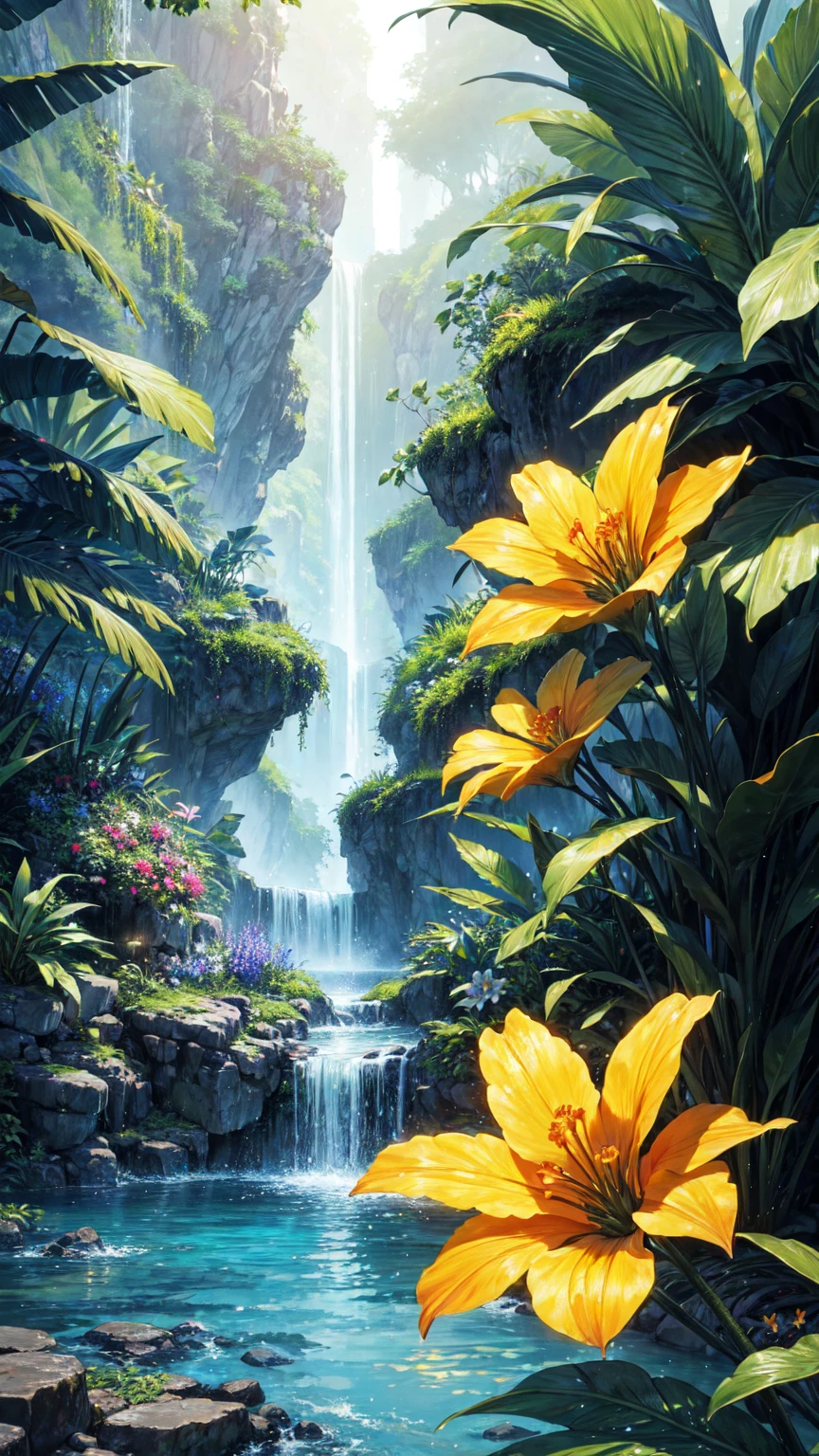 masterpiece, best quality, ultra high res, ultra-detailed, beautiful, tropical rainforest, vibrant flowers, serene landscape