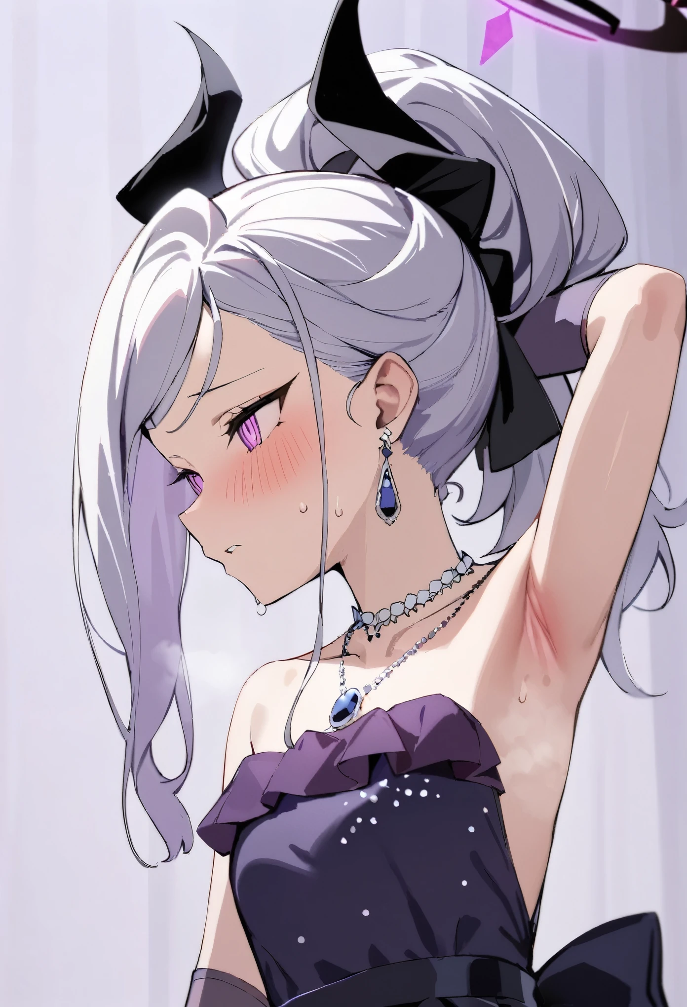 (masterpiece:1.2), hyper detail, best quality, (intricate_details:1.1), beautiful detailed, colourful, beautiful hair, colorful eyes, solo, halo, 1girl,hina,1girl,solo,ponytail,elbow gloves,purple dress,black gloves,black dress,strapless dress,earrings,necklace,alternate costume,shoulder,upper body, sweating,steam,blush, flipped hair,armpit