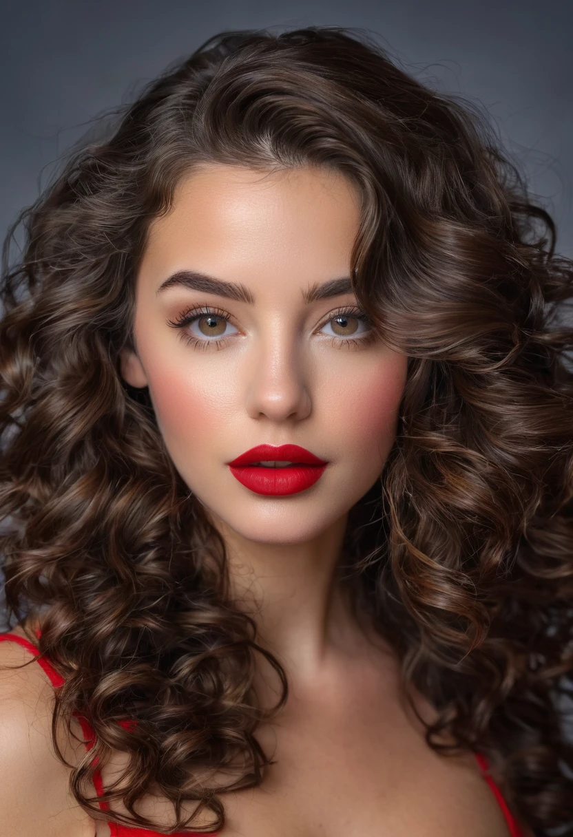 Full body photograph of a brunette woman with wavy hair., 21 years, labios rojos, closed small mouth , ojos bonitos, foto realista, en la montana 