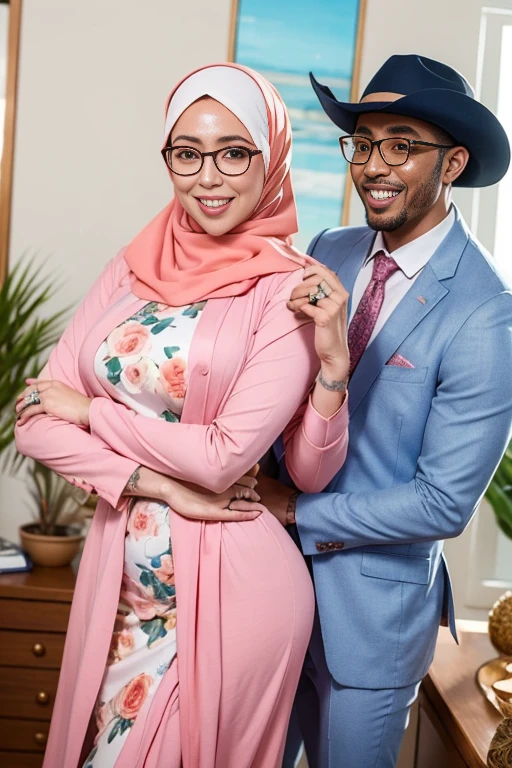 (masterpiece, best quality:1.2), cowboy shot, solo, 1 laurenphillips and 1 malay man, smile, looking at viewer, hand on hip,pastel red color hijab, eyewear on head, girl wear pastel pink floral sexy long dress, man wear office outfit (navy blue suits), man behind girl,