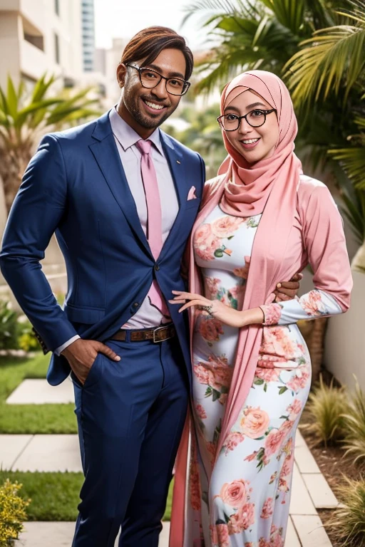 (masterpiece, best quality:1.2), cowboy shot, solo, 1 laurenphillips and 1 malay man, smile, looking at viewer, hand on hip,pastel red color hijab, eyewear on head, girl wear pastel pink floral sexy long dress, man wear office outfit (navy blue suits), man behind girl,