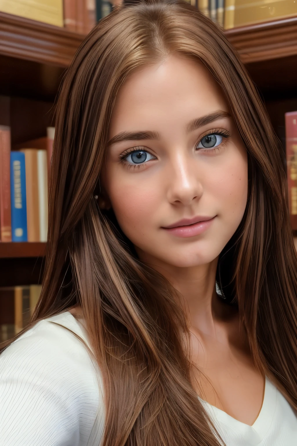 Beautiful college girl, ((20 years old)), ((long chestnut brown hair with golden highlights)), blue eyes, ((front view)), selfie, ((high quality)), ((iPhone X)), elegant white blouse, ((scoop neck)), selfie in the library, ((studious look)), ((realistic photo)), Nikon D850, soft natural light, 4k resolution, Adobe Lightroom, ((detailed and true to reality)).