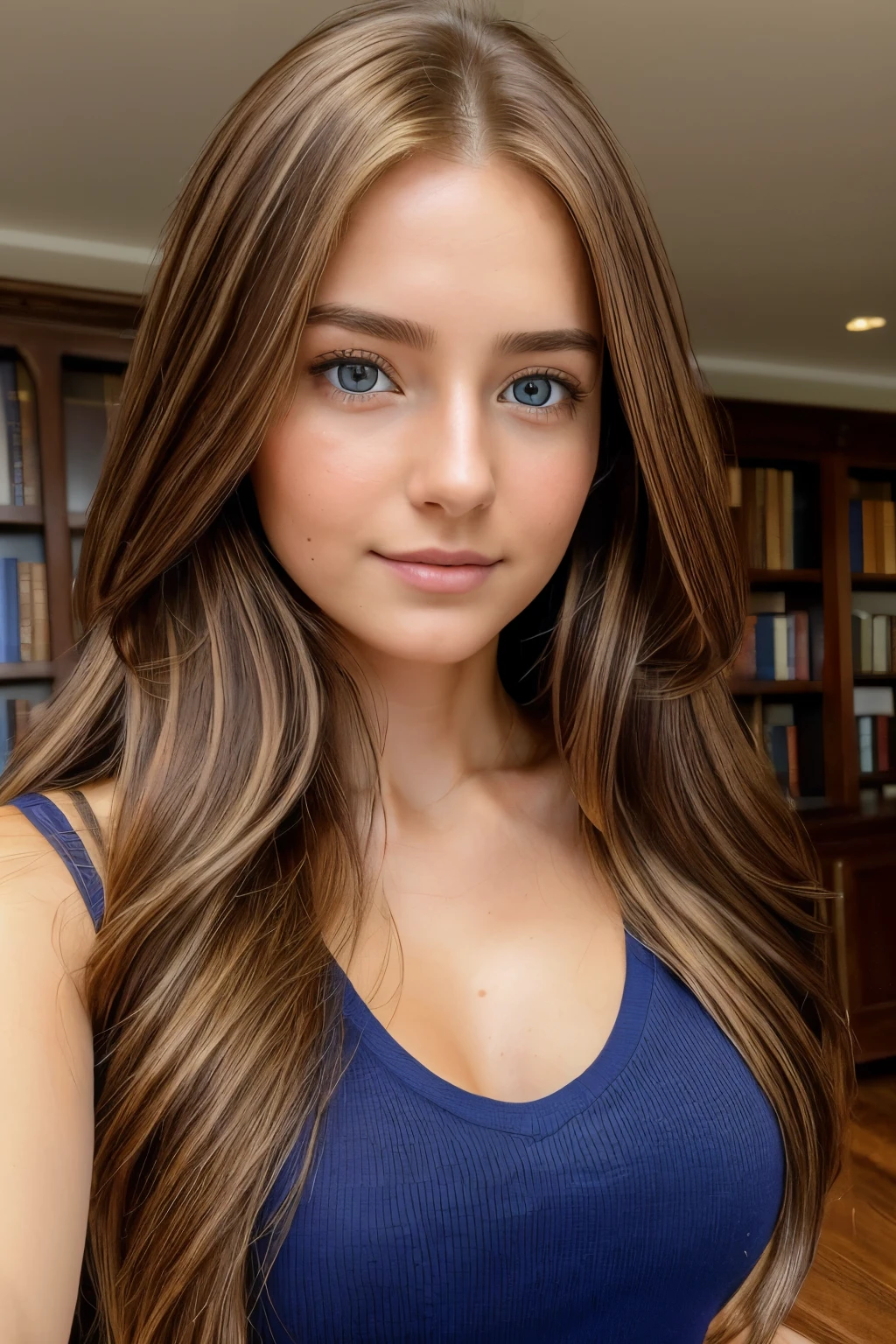 Beautiful college girl, ((20 years old)), ((long chestnut brown hair with golden highlights)), blue eyes, ((front view)), selfie, ((high quality)), ((iPhone X)), elegant white blouse, ((scoop neck)), selfie in the library, ((studious look)), ((realistic photo)), Nikon D850, soft natural light, 4k resolution, Adobe Lightroom, ((detailed and true to reality)).