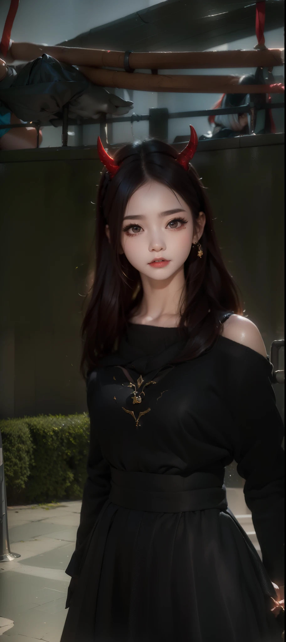 Cute there is a woman in a black dress with horns on her head, second life avatar, lblsck hair, cruel korean goth girl, ((red)) baggy eyes, upper body avatar, ( ( deep black eyes ) ), & her expression is solemn